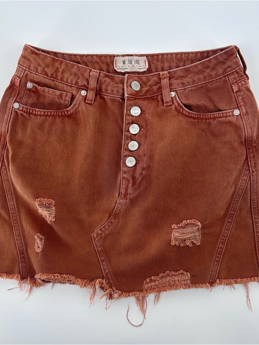 We The Free Rust Denim Mini Skirt Distressed Y2K Button Fly Free People